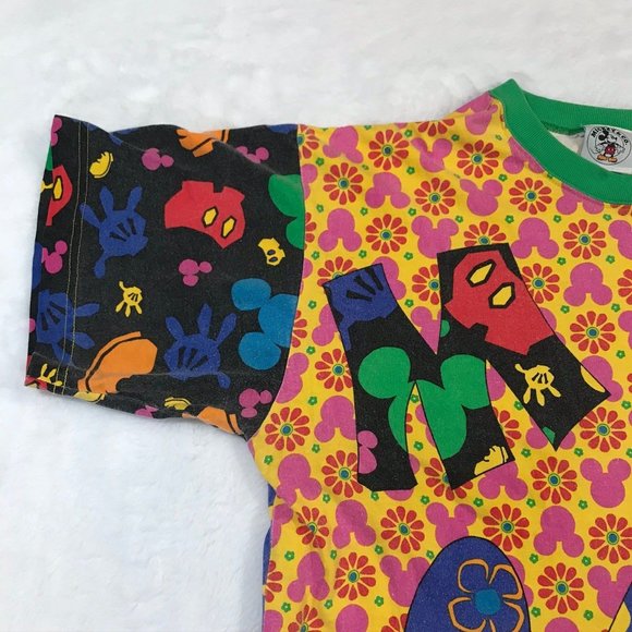 Mickey Pattern Rainbow Multi Color Patchwork Contrast Shirt Yellow Blue NO SIZE - Picture 4 of 11